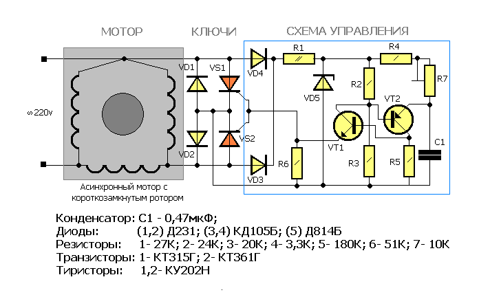 Схема подключения конденсатора к электродвигателю для запуска Схема подключения конденсатора к электродвигателю для запуска